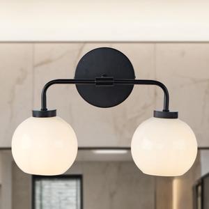 17 Inch Modern Glass Globe Double Sconce, Matte Black Metal Finish Wall Light for Bedroom, Hand-Polished Milky Glass Shade Vanity Light Over Mirror, Elegant Light Fixtures for Indoor