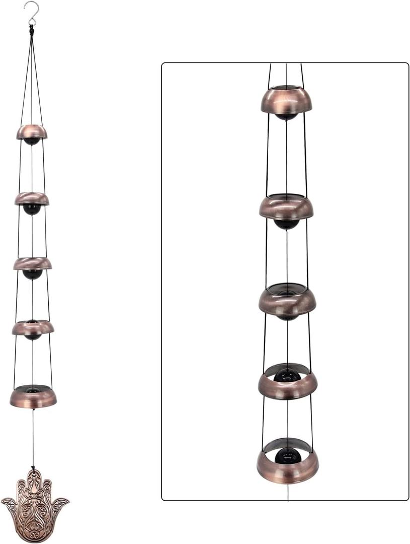 Copper Hand of God Temple Wind Chime  5-Bell Red Copper Feng Shui Chime with Sacred Hand of God Medallion for Porch, Patio, Garden Dcor & Memorial Keepsake