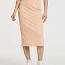 Real Essentials 3 Pack: Women's Midi Ribbed Knit Skirt with Side Slit - Stretchy Work Business Casual Pencil Pull-On Skirts (M)