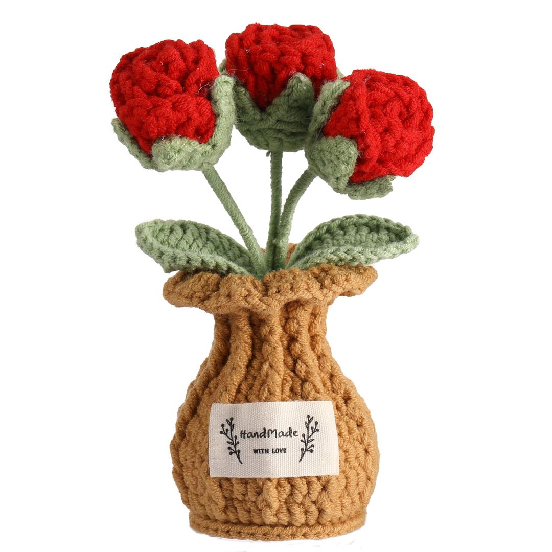 Crochet Rose Flower Potted Plant – Red, Valentines Day Gift for Her, Handmade Knitted Romantic Desk Decor