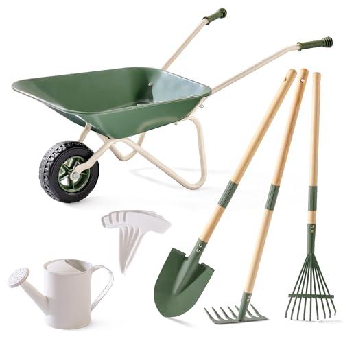 ROBUD Kids Wheelbarrow with Gardening Tools Set, Educational Kids Gardening Set with Kid Wheelbarrow, Toddler Gardening Set, Watering Can, Plant Labels, for Ages 3+ Boys Girls(Green)