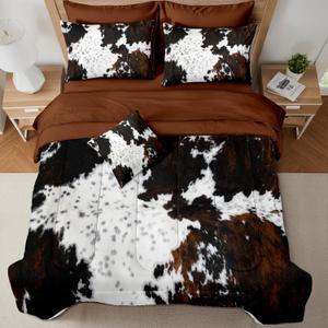 MUGINYU Brown Cowhide Comforter Set King, 8 Pieces Bed in a Bag Black White Cow Skin Print Western Farmhouse Animal Fur Bedding Set