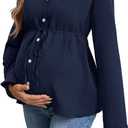 MakeMeChic Women's Maternity Blouse Notched Button Down Ruffle Long Sleeve Dressy Tops (X-Large, Blue)