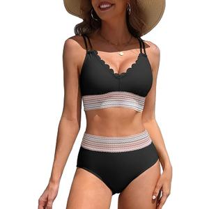 Charmo Women High Waisted Bikini Sets Tummy Control Swimsuits Scalloped Color Block Two Piece Bathing Suit Black L