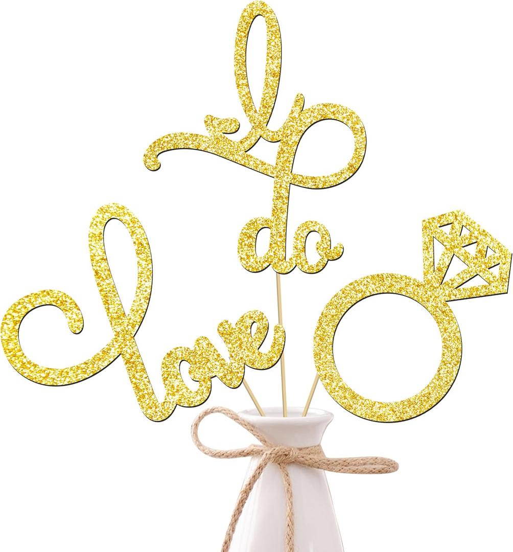 Wedding Engagement Party Centerpieces for Table 12pcs Gold Glitter Diamond Ring Love I Do Centerpiece Sticks Marriage Anniversary Party Decorations for Bridal Shower Valentines Party Supplies