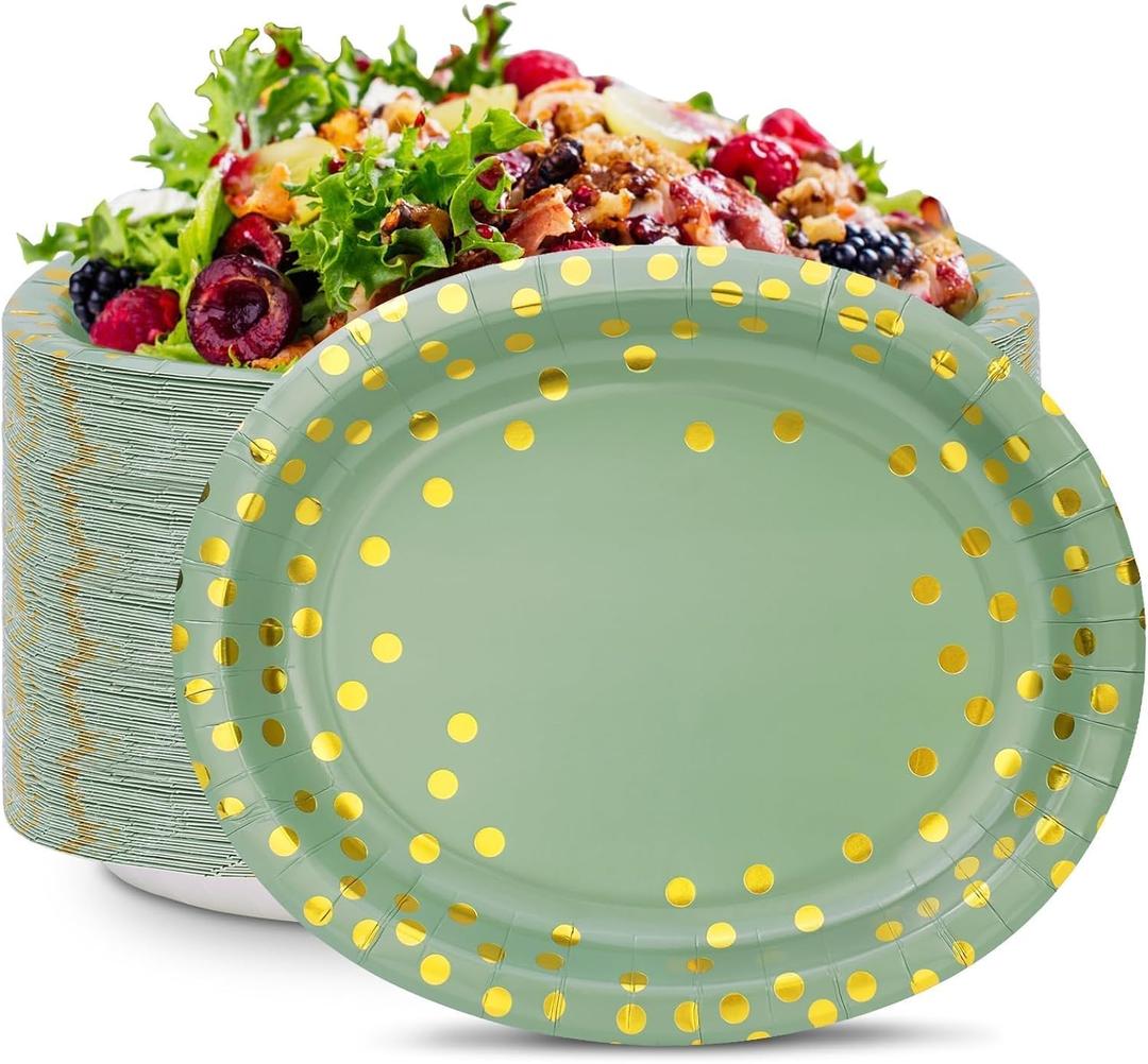 30Pcs Sage Green Paper Plates 10" X 12" Oval Sage Green Party Plates Large Disposable Green Gold Dinnerware for Holiday Birthday Wedding Baby Shower Engagement