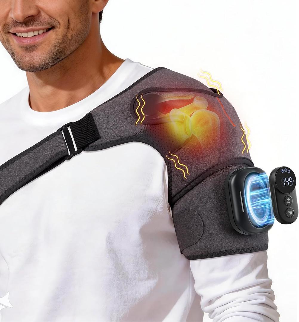 Cordless Shoulder Heating Pad with Detachable Magnetic Remote, 5 Heat & 5 Vibration Modes, Heated Shoulder Wrap Massager for Frozen Shoulder & Rotator Cuff Pain Relief, Ideal Gift for Women Men