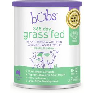 2 x Bubs 365 Day Grass Fed Infant Formula with Iron, Cow Milk-Based Powder for Infants 0-12 Months, Made with Non-GMO Milk, 20 oz (EXP 03/08/28)