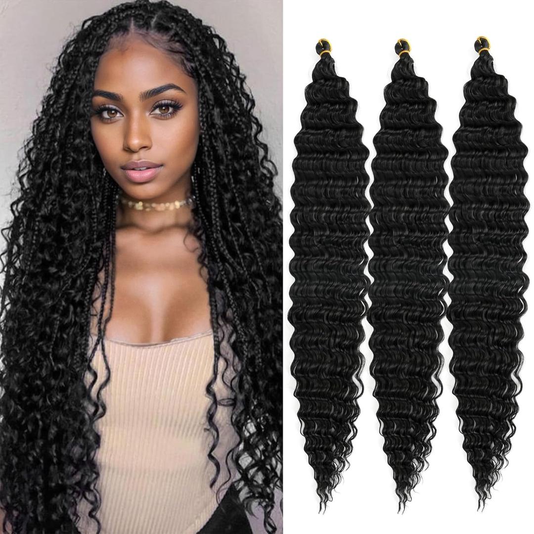 Deep Wave Crochet Hair 30 Inch 3 Packs Long Ocean Wave Curly Braiding Hair Extensions Synthetic Curly Crochet Hair for Black Women(30 Inch, 3pack, #1B)