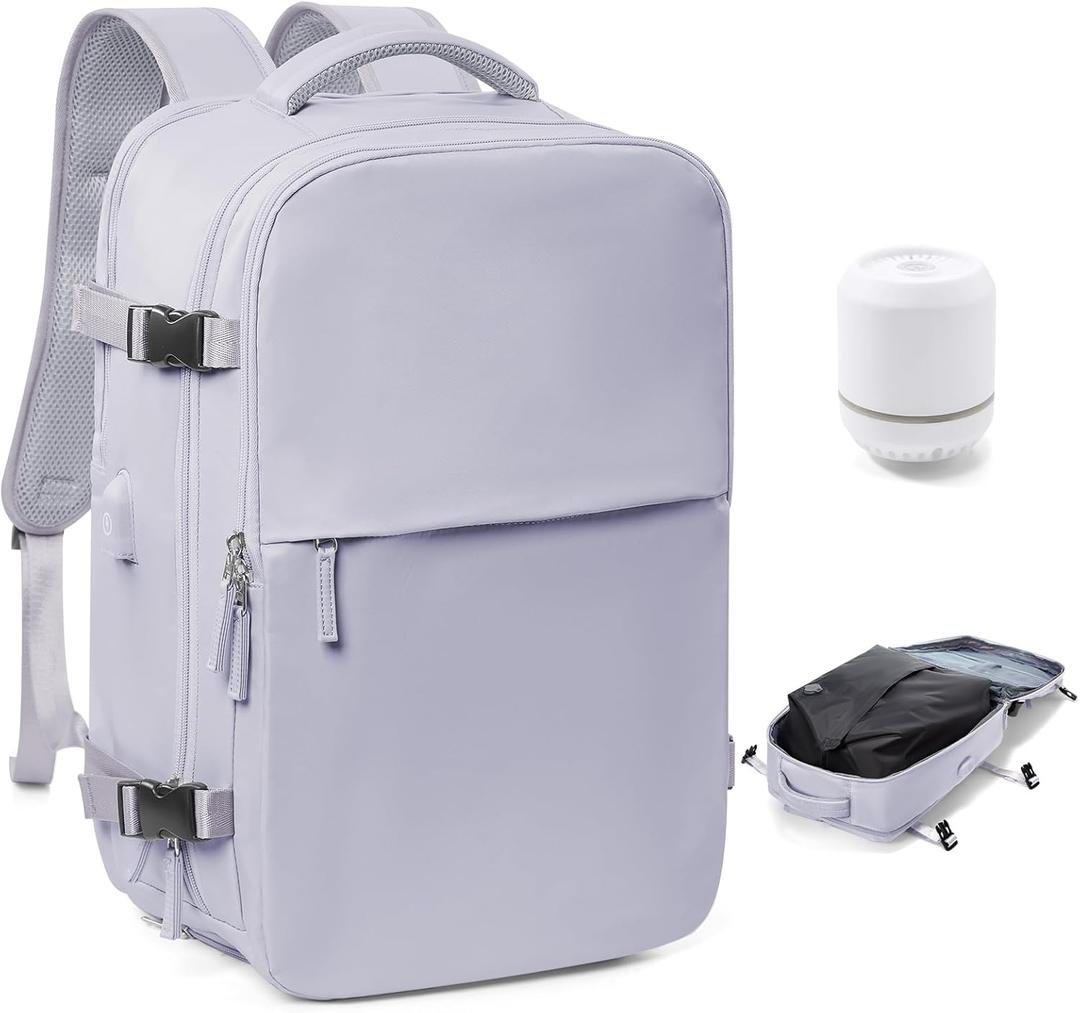 VECAVE Vacuum Travel Backpack with Pump for Women,Personal Item Carry on Backpacks Flight Approved 18x14x8 inches for Men,Laptop Waterproof Work Compression bags Casual Daypack (Purple)