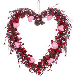 VioletEverGarden Valentines Day Wreath,15 Heart Shaped Wreath with Red Berries and Small Pink Hearts for Valentines Day Wedding Festival Decor