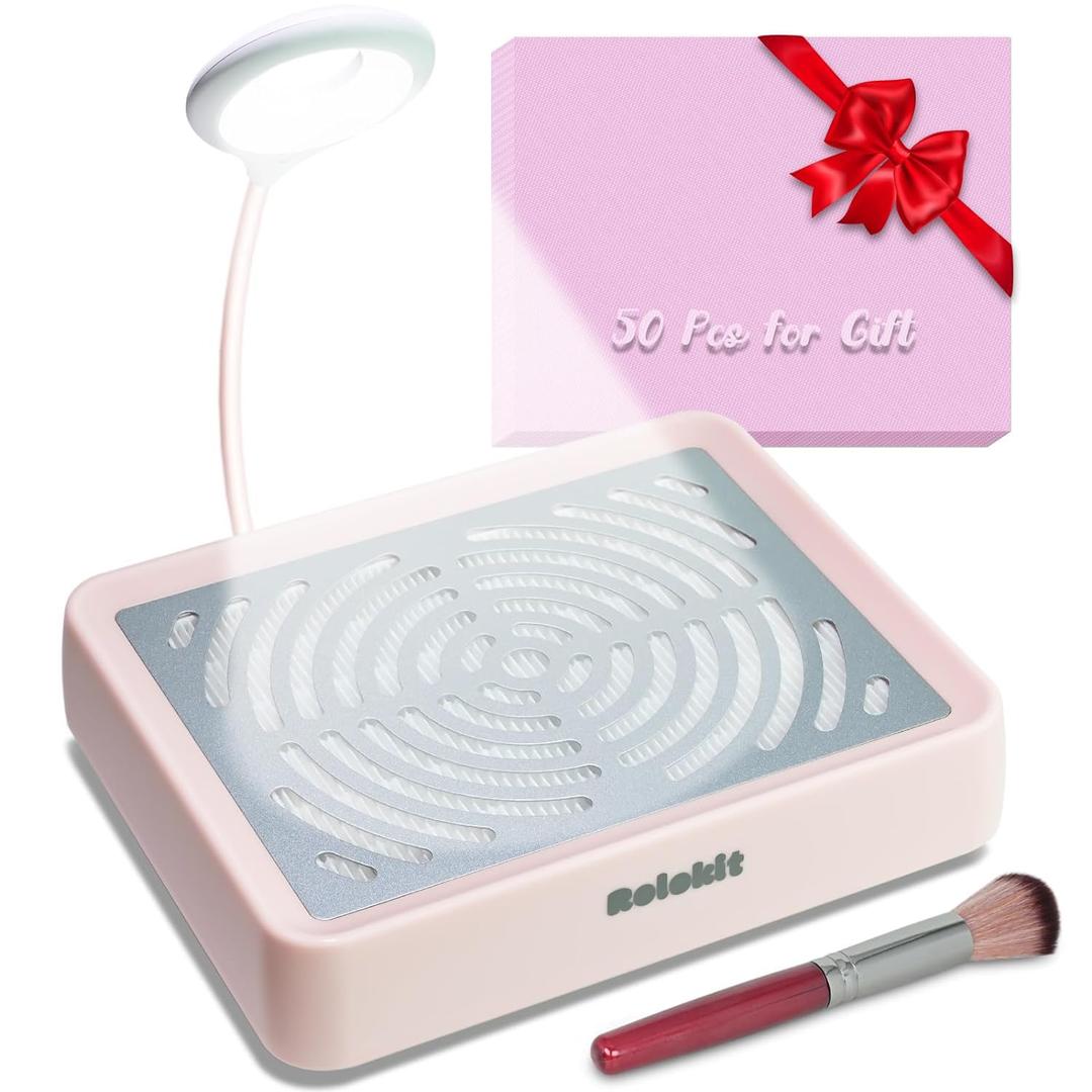Rolokit Nail Dust Collector with Lamp&50pcs Disposable Filter&Dusting Brush, Electric Nail Vacuum Cleaner Dust Fan Suction Machine for Manicure Acrylic Gel Nails Polishing, Low Noise, Salon Home (Pink)