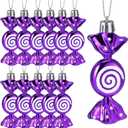 Threan 12 Pcs Christmas Candy Ornaments for Tree Decoration Hanging Glitter Candy Cane Christmas Peppermint Ornament with Golden Rope for Xmas Holiday Decoration(Purple,Plastic)