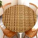Round Fitted Tablecloth with Elastic Edge, Waterproof Stain Resistant Fabric Table Cover for 53"-60" Round Table, Indoor Outdoor Dining, Kitchen Decor, Camping, Party, Holiday, Woven Rattan
