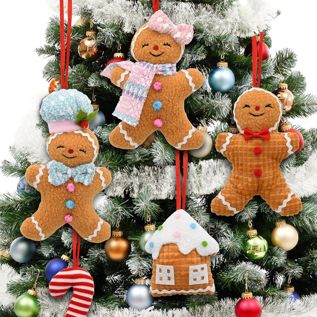 CRCZK Christmas Tree Decor 8Pcs Gingerbread Ornaments, Gingerbread Christmas Decorations for Home,Gingerbread Decor Plush,Candy Cane Ornaments, Village House Xmas Decor for Wreath