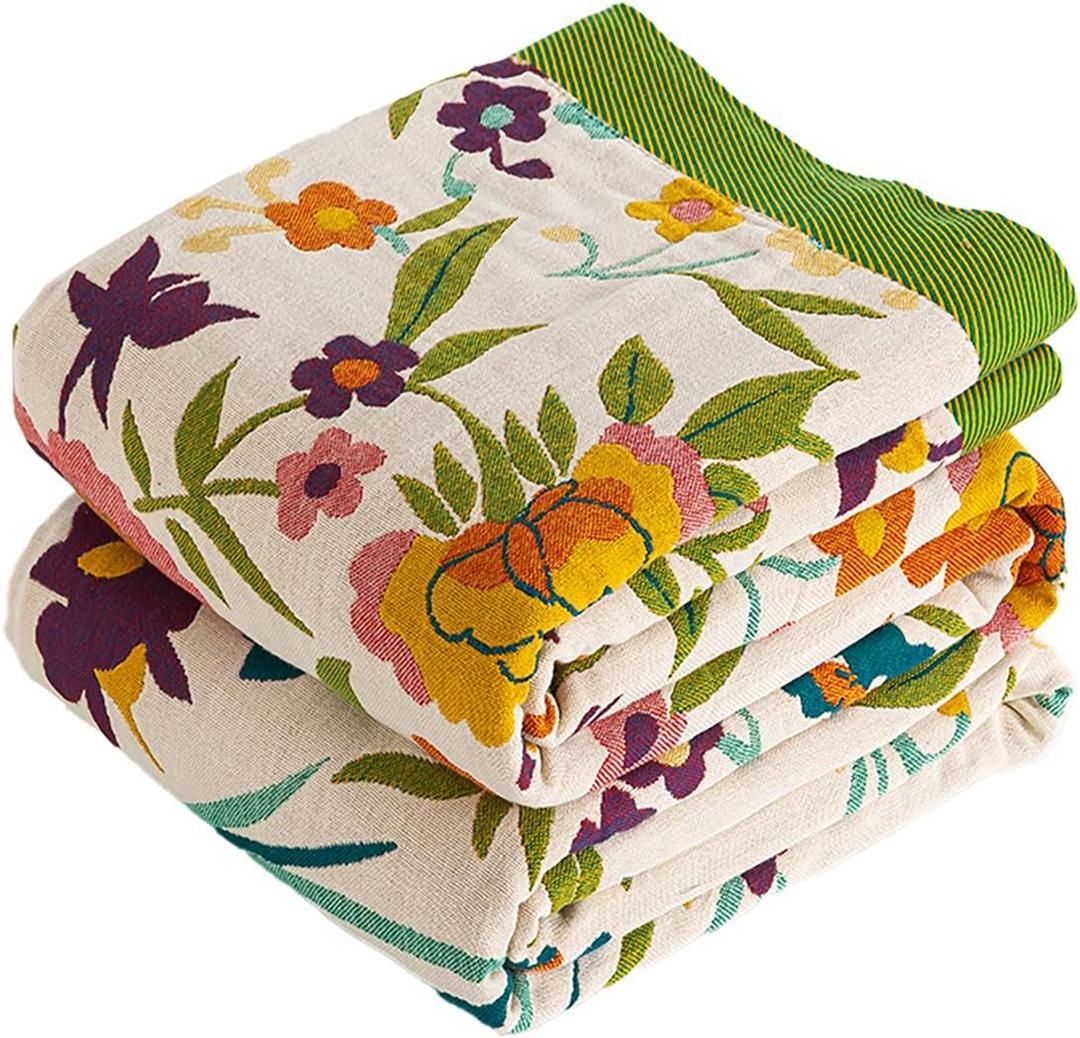 VANJOROY Boho Throw Blanket, 100% Organic Cotton Breathable Ultra Soft 80" x 90" Bed Quilt Throw - All Season Floral Rustic Farmhouse Decor Luxury Reversible Blanket for Sofa Couch Chair and Gift, Full/Queen