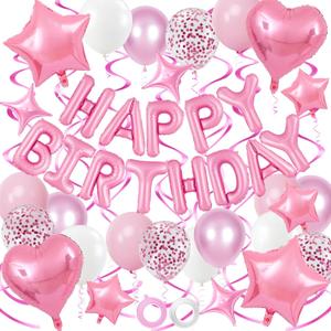 Pink Birthday Decorations, 3D Foil Pink Happy Birthday Balloon Banner with Star and Heart Balloons, Confetti Balloons, Hanging Swirls, for Girls Women Party Decorations