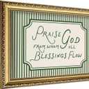 Vintage Gold Framed Christian Wall Art, Praise God From Whom All Blessings Flow Bible Verse Canvas Prints, Sage Green Scripture Painting Religious Wall Decor for Living Room Bedroom 16x24 Inch