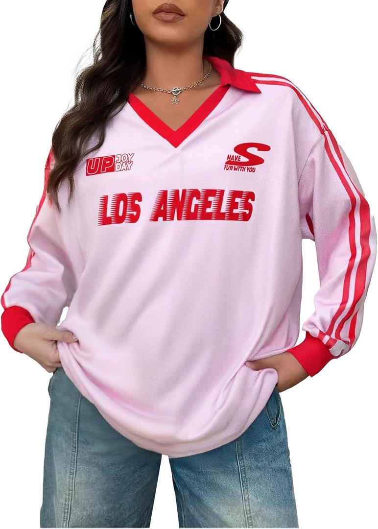 Jersey Shirts for Women Y2k Graphic Number Shirt Football Jersey Top V Neck Streetwear Long Sleeve Tops