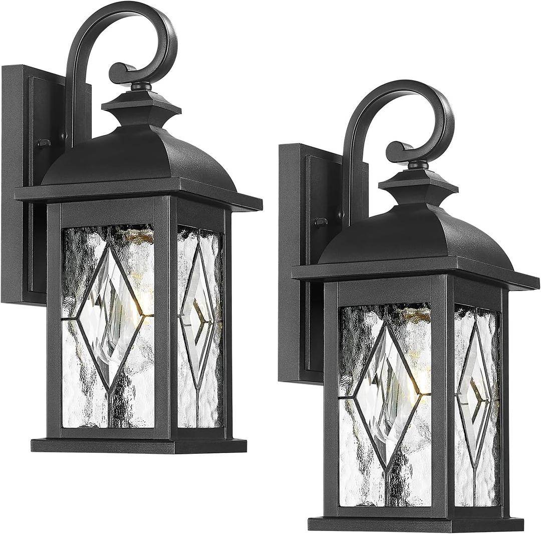 FEMILA 15" Exterior Wall Sconce, 2-Pack Outdoor Waterproof Wall Lights Fixture, Anti-Rust Matte Black Finish with Water Ripple Glass,4FD54B-2PK BK-SD