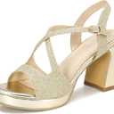 CAMSSOO Platform Heels for Women Open Toe Strappy High Chunky Sandals Ankle Strap High Heeled Party Wedding Prom Dress Shoes 3.55 Inches