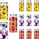 12 Sets Halloween Cup Gifts 14.2 oz Ghost Pumpkin Plastic Cup Tumblers with Lid Straw and Bow Reusable Coffee Mug for Halloween Kitchen Party Supplies(Simple Style)