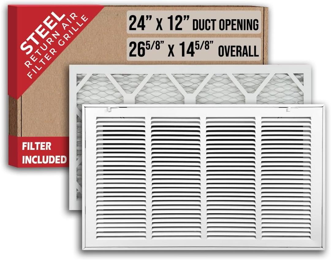 Fits 24x12 Duct Opening | Filter Included Steel Return Air Filter Grille by Handua [Removable Door] for 1-inch Filters | Vent Cover Filter Grill | White | Outer Dimensions: 26 5/8"W X 14 5/8"H