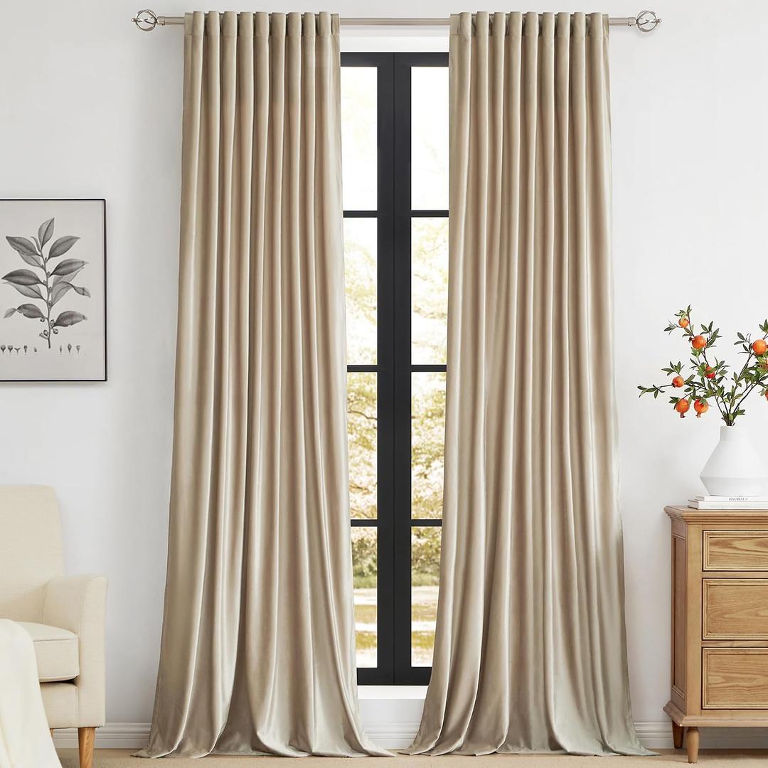 PRIMROSE Champagne Polyester Velvet Curtains 90 inch Long for Living Room,Set of 2 Panels Blackout Rod Pocket Back Tab Window Treatment Room Darkening Heavy Decorative Curtains Drapes for Bedroom, 52"W x 90"L