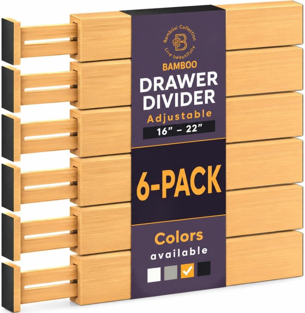 Bamboo Drawer Dividers 6 Pack - Adjustable 16-22 Inch Spring Loaded Deep Drawer Organizer Separators, 2.6 Inch High Non Slip Bamboo Dividers for Kitchen, Dresser, Clothes, Utensils, Bathroom, Office