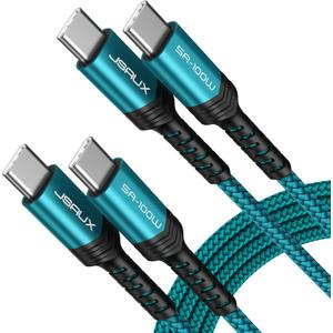 JSAUX 100W USB C to USB C Cable for iPhone 17, USBC Type C Charge Cord 5A Fast Charging Compatible with iPhone 17 Air 16 15 Pro Max Samsung Galaxy S25 S24 MacBook iPad Carplay (2-Pack, 6.6ft) Green