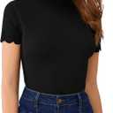 SweatyRocks Women's Mock Neck Ribbed Knit Scallop Short Sleeve T Shirt Tops (Medium, Black)