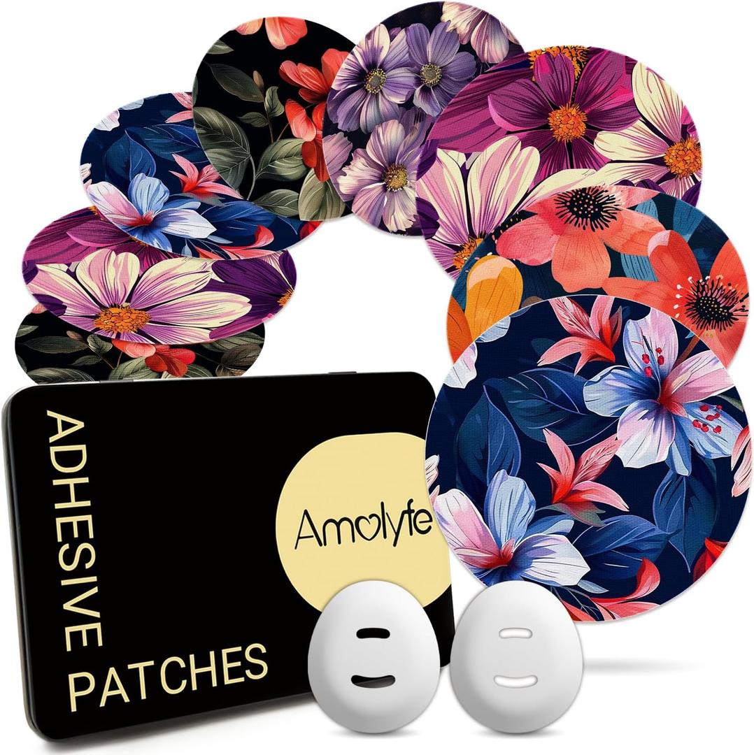 Dexcom G7 Adhesive Patches Flowers, Amolyfe 20-Pack Dexcom Stelo Overpatches, Waterproof, Bump-Proof with 2 Hard Caps and Tin Case Breathable, Medical Adhesive, 10-Day CGM Protection (B.Flower)