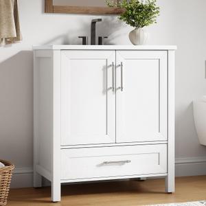 Garvee 30" Bathroom Vanity with Sink, Freestanding Bathroom Cabinet | White Bathroom Vanity Cabinet With Waterproof And Adjustable Foot & Soft-Door & Drawer & Metal Handle Easy Assembly