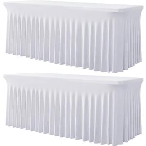 2 Pack White Spandex Tablecloths for 4 ft Rectangle Tables, Stretch Table Cloths 4 Foot Fitted Table Cover with Skirt for Parties Weddings Birthday Banquet Baby Shower