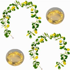 2Pcs Artificial Lemon Garland Spring Summer Greenery Vine Garlands with Lemons Dense Flowers Fairy Light Battery Powered for Door Wall Mantle Wedding Party Table Christmas Decorations