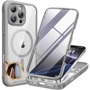 Miracase for iPhone 16 Pro Case Full-Body Phone with Built-in Glass Screen Protector, [Compatible with MagSafe] Military Drop Proof 16 Pro Cover Bumper 6.3 inch, Grey (Magnetic Grey Titanium)