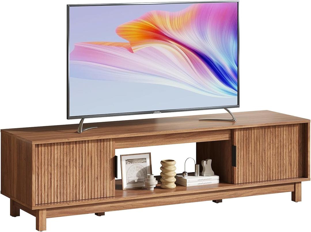 DUMOS Mid Century Modern TV Stand, Mocha Brown Wood Entertainment Center with Storage Cabinets, Media Console Table with Straight Legs & Cable Management for Living Room, Bedroom, Office 58" (57.9 Inch)