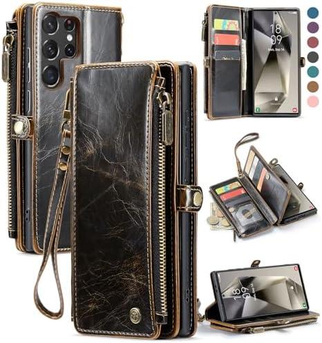 Defencase Compatible with Samsung Galaxy S23 Ultra Case Wallet with RFID Blocking Card Holder for Women Men, PU Leather Magnetic Snap Flip Zipper Strap Phone Case Fit for Galaxy S23 Ultra 5G, Coffee