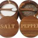 Timtopno Salt Cellar, Elegant Salt and Pepper Set, 2PCS Acacia Wood Salt Container with Built-in Spoon & Swivel Lid, Engraved SALT & PEPPER Box, Salt Holder for Countertop Seasoning Storage