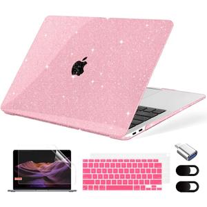 Compatible with MacBook Air 13.3 inch Case 2021-2018 Release A2337 M1 A2179 A1932 Touch ID, Plastic Hard Shell&Keyboard Cover&Screen Protector&Webcam Cover&Type-C Adapter, Sparkly Pink