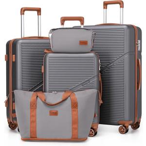 Cosbarn 5 Piece Luggage Sets with Spinner Wheels, Hardshell ABS Suitcase Set with Tsa Lock, Lightweight Hardside Waterproof Travel Suitcases for Men Women, Grey (20"/24"/28")