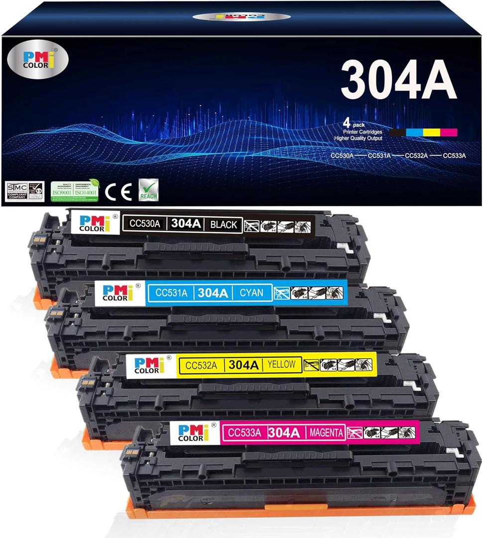4-Pack Replacement for HP 304A Toner Cartridges for HP Color LaserJet CP2025,Color LaserJet CM2320 MFP Series Printer Ink (Black,Cyan, Magenta, Yellow)