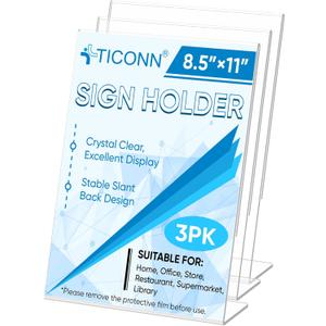 TICONN 8.5 x 11 Acrylic Sign Holder, L Shape Clear Sign Stand for Displaying, Plastic Paper Holder for Office, Store, Restaurant (Vertical 3 Pack) TICONN 8.5 x 11 Acrylic Sign Holder, L Shape Clear Sign Stand for Displaying, Plastic Paper Holder for Office, Store, Restaurant (Vertical 3 Pack)