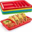 Uiifan 12 Pcs Colorful Plastic Taco Plates for Birthday Party with Stand up Divider for 3 Tacos and 2 Dipping Areas Trays for Mexican Party Fiesta Microwave Dishwasher Safe