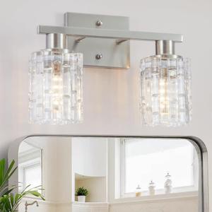2 Light Brushed Nickel Bathroom Vanity Light Over Mirror, Modern Vanity Lighting with Crystal Glass Shade, Wall Mount Bathroom Light Fixtures, E26 Base