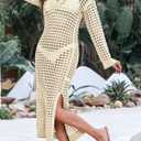 Saodimallsu Womens Crochet Swimsuit Cover Up V Neck Collared Long Sleeve Mesh Knit Long Beach Coverup Maxi Dress (S)