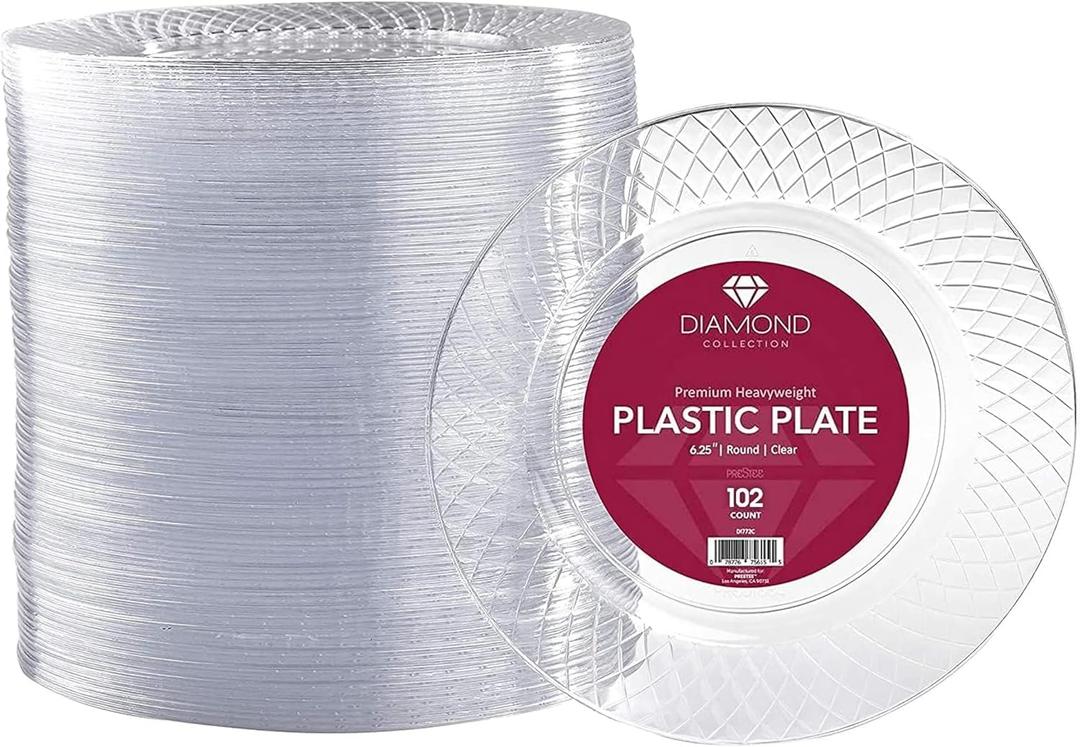 Prestee 102 Clear Plastic Plates Disposable - 6.25-inch Heavy Duty Hard Plastic Clear Plates for Party - Elegant Round Cake, Dessert, Salad, Appetizer, Dinner - Plate for Holiday Parties Prestee 102 Clear Plastic Plates Disposable - 6.25-inch Heavy Duty Hard Plastic Clear Plates for Party - Elegant Round Cake, Dessert, Salad, Appetizer, Dinner - Plate for Holiday Parties