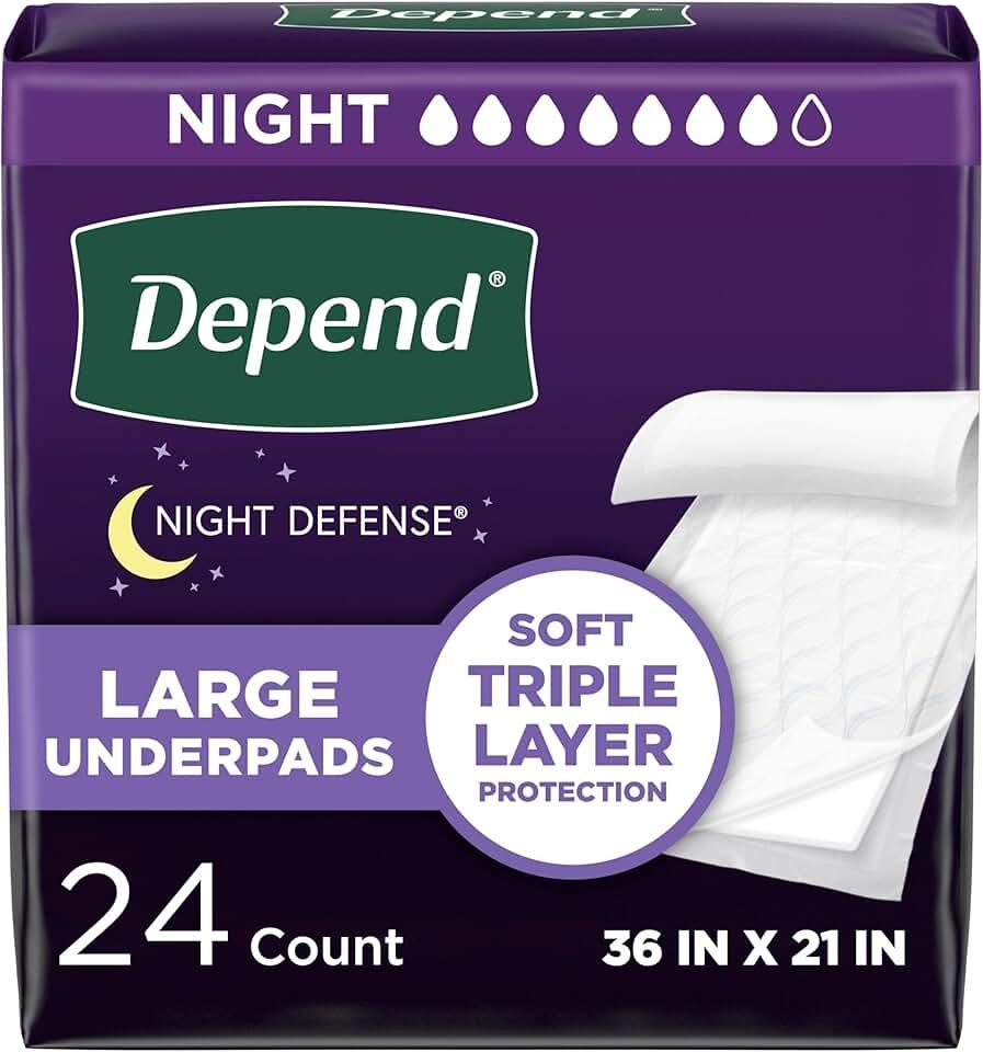 Depend Underpads, Disposable Incontinence Bed Pads for Adults, Slip Resistant, 36"x 21", 24 Count (2 Packs of 12) 
