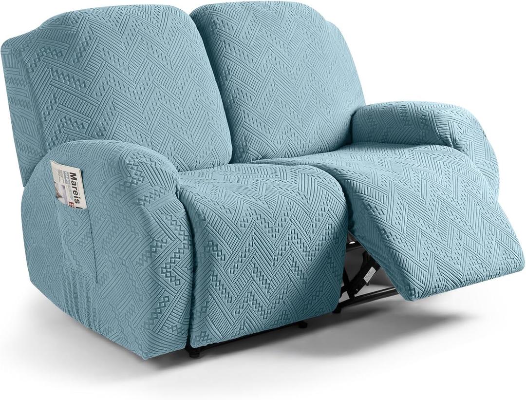 Ruaozz Recliner Sofa Covers Recliner Chair Covers Loveseat Recliner Slipcovers with Pockets Washable Furniture Protector with Elastic Bottom (2 Seater, Light Blue)
