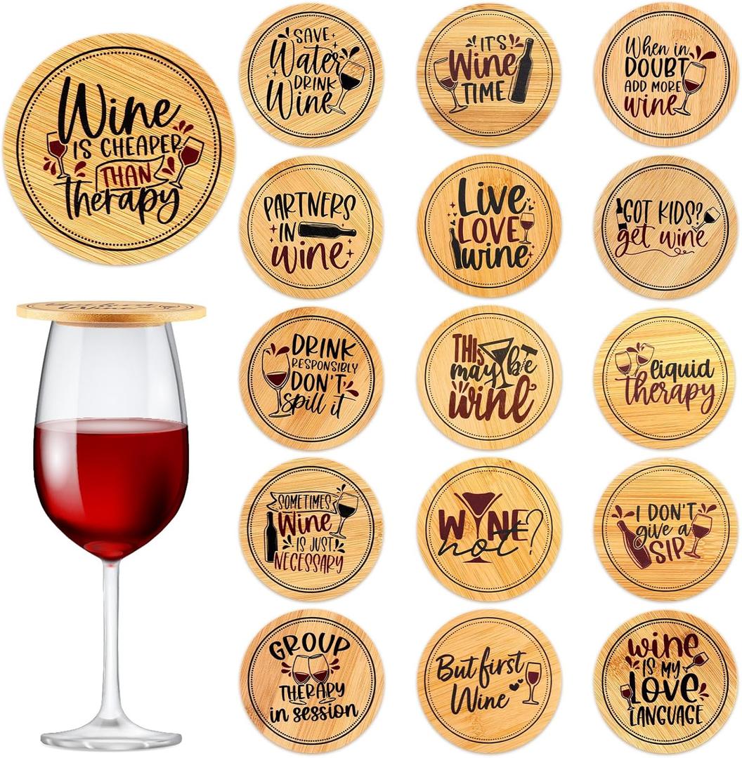 Tessco for you 16 Pcs Wine Glass Covers Funny Wood Charcuterie Drinking Glass Covers to Keep Bugs out Bamboo Water Toppers Keeps Debris out for Outdoor Party Wine Housewarming Gifts (Cute)